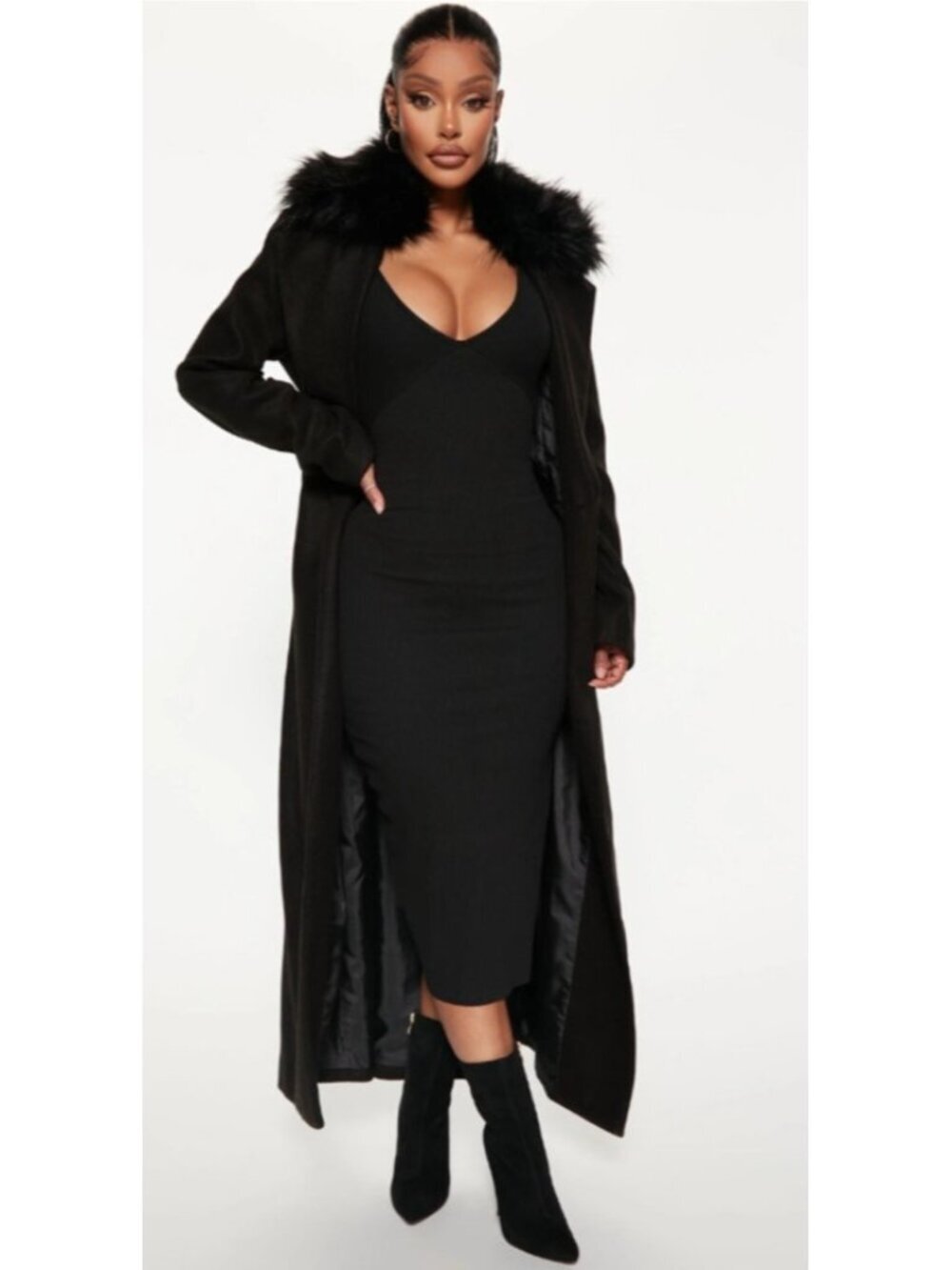 Fashion Nova I’m A Goddess Trench Coat XL Black Faux Fur Belted Long Coat NWT